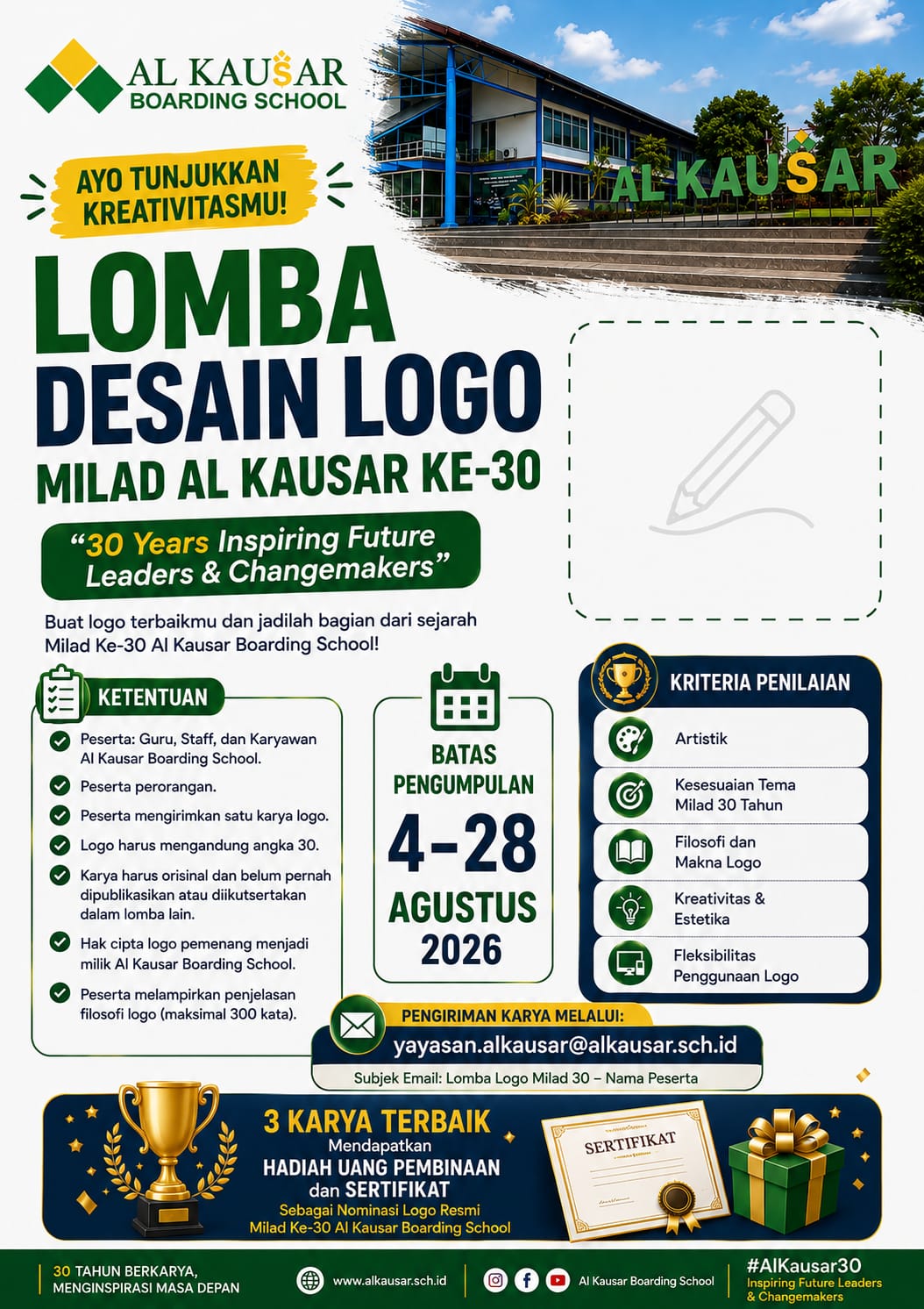 Flyer pengumuman lomba desain logo Milad 30 Al Kausar